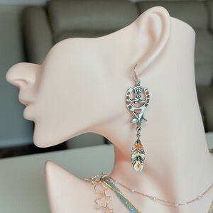 Western Silver Star & Feather Drop Earrings in Orange